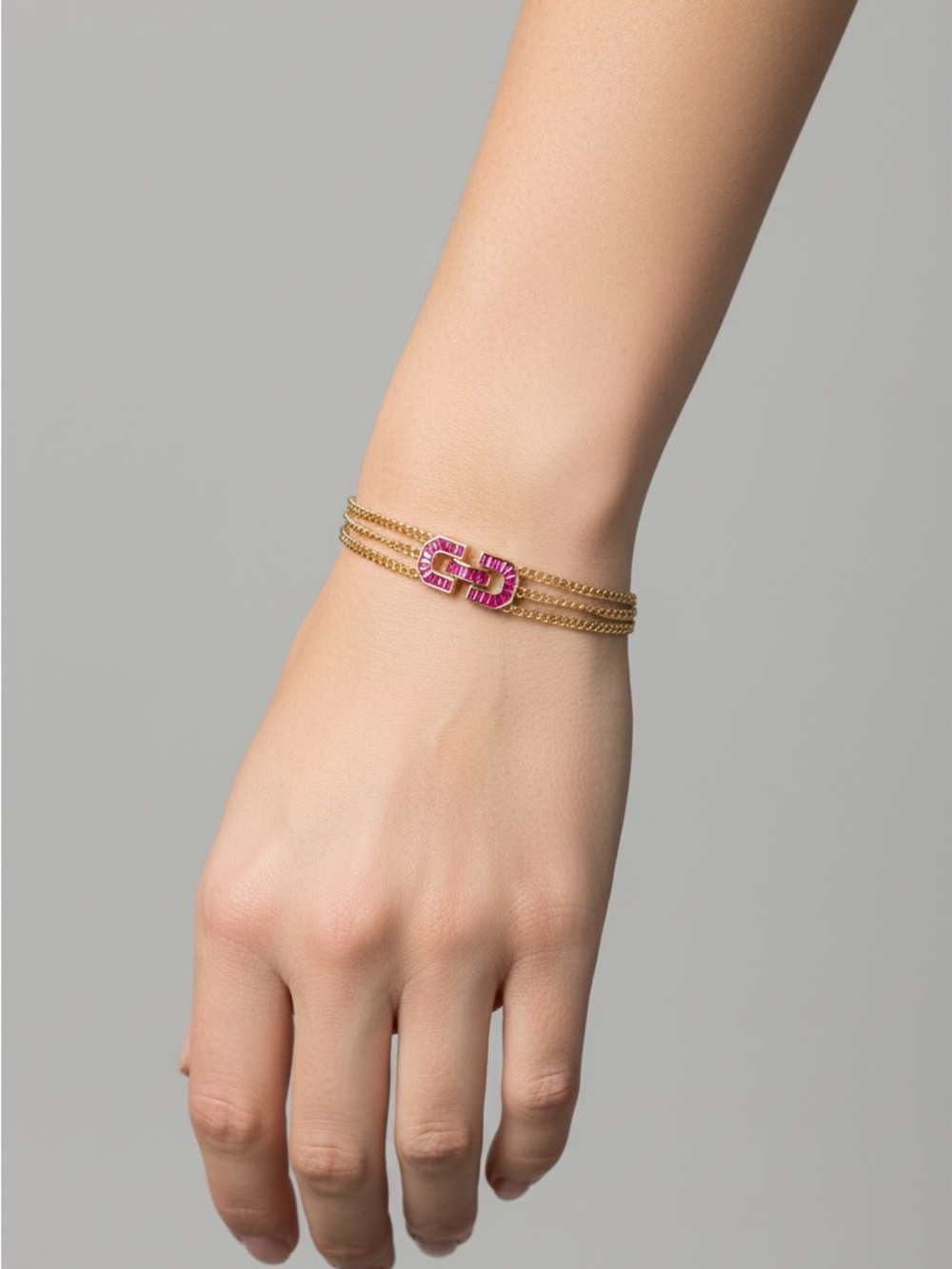 10/2 Gold Double-Chain Bracelet with Pink Gemlink Accent